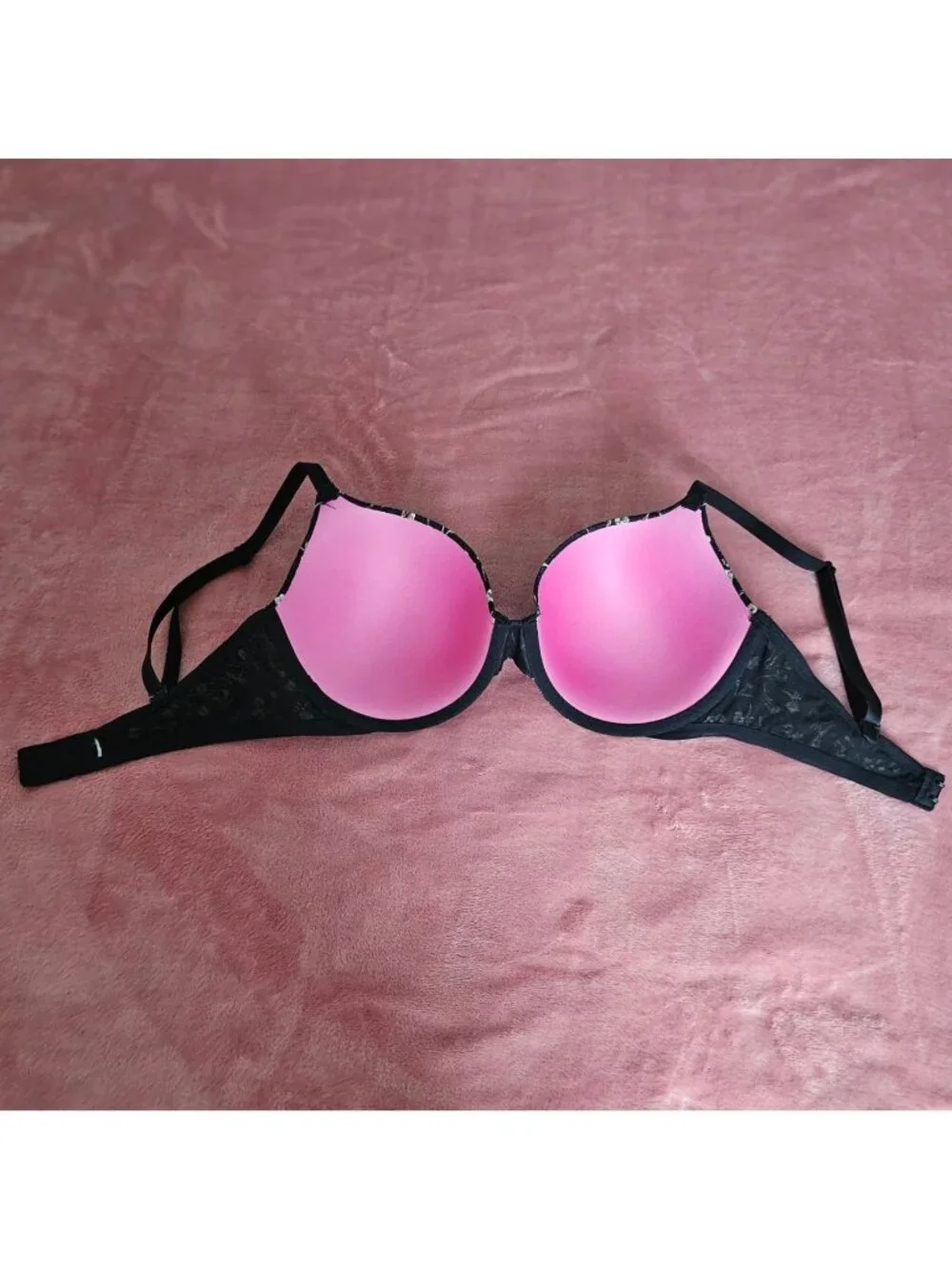 Black Floral Lace Victorias Secret Pink 34DD Push-Up Bra W/Adj Straps & Back - Picture 6 of 15